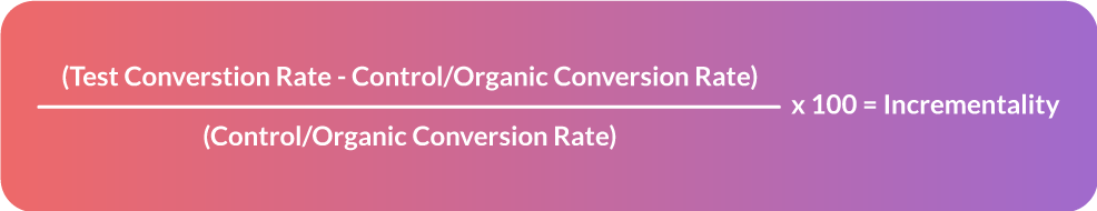 (Test Conversion Rate – Control Conversion Rate) / (Control Conversion Rate) x 100 = Incrementality